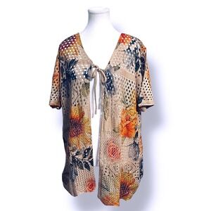 Floral Crochet Tie Front Cardigan XL Tan Sunflower Boho Cottagecore Casual